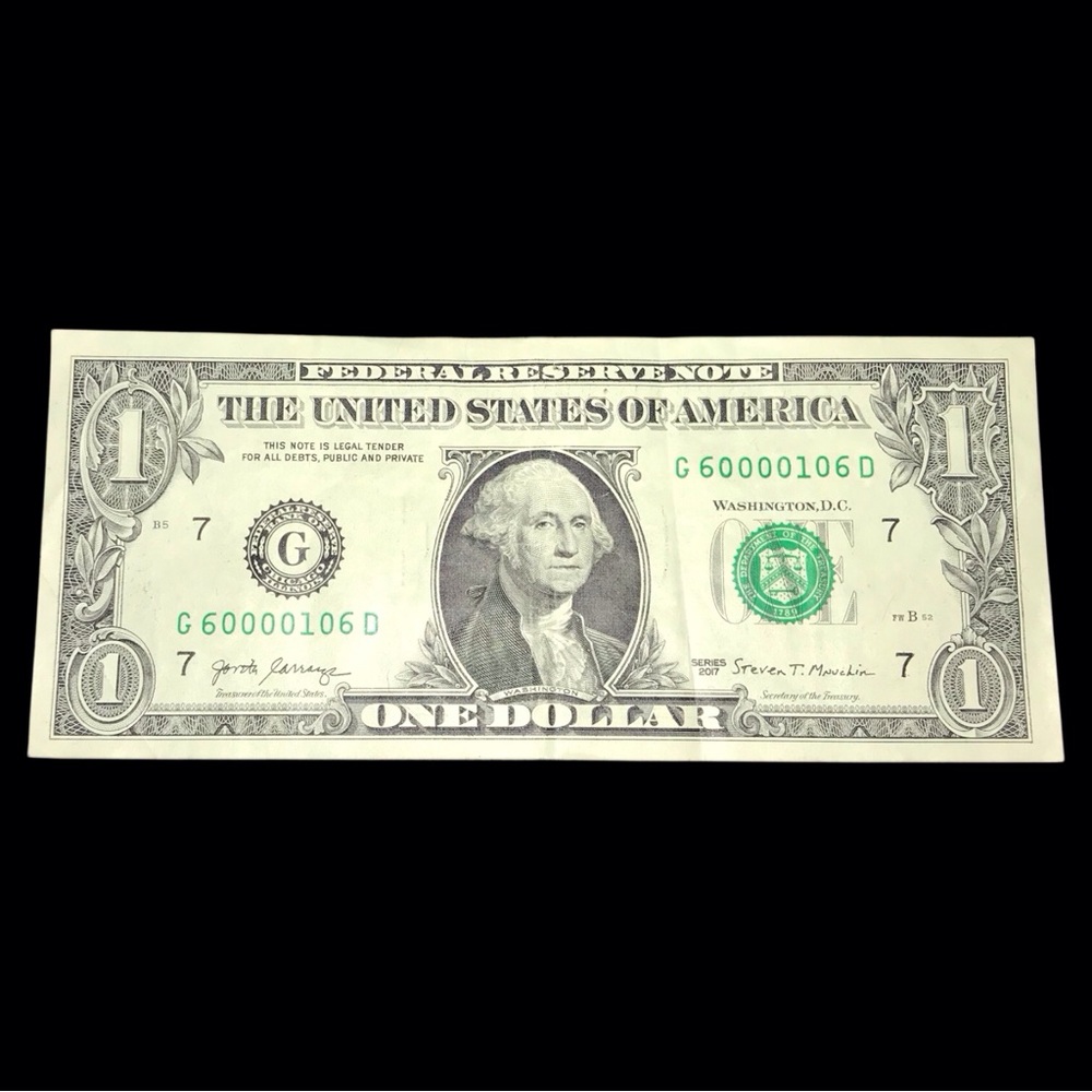 "G 6000-0106 D"- Bookend/Trinary/Near Low Serial/Zero Heavy $1.00 Bill